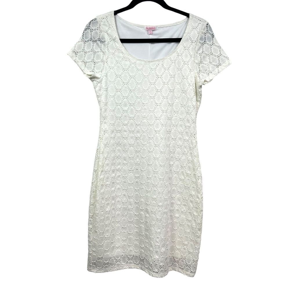Isaac Mizrahi Womens Sheath Dress Lace Cap Sleeves Lined Off White Size M*
